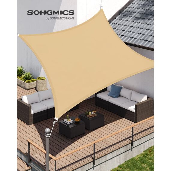 SONGMICS Sonnensegel 3 x 5 m, wasserfest mit Einer Wassersäule von 665 mm, Sonnenschutz aus reißfestem Polyester, UV-Schutz 93%, Terrasse, Garten, Balkon, rechteckig, 2 m Seile, sandgelb GSH35EY