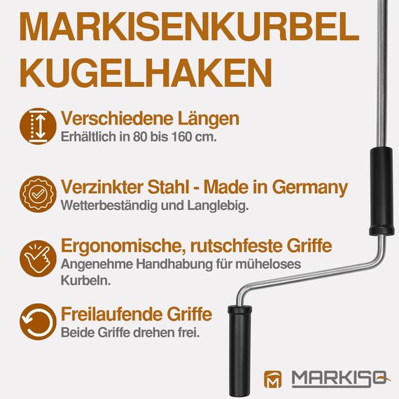markiso Markisenkurbel 160 cm Verzinkt – Kurbel für Markise mit Kugelhaken/Kugelkopf – Kurbelgestänge verzinkter Stahl, Rostfrei, Ergonomische Griffe, Freilaufend für Leichte Bedienung