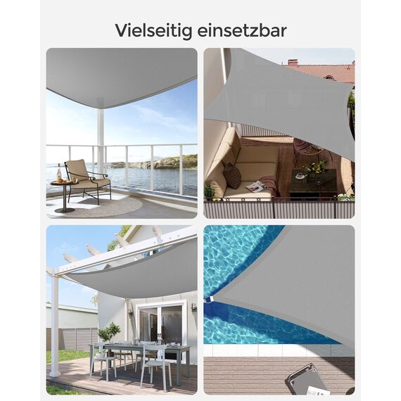 SONGMICS Sonnensegel 3 x 3 m, Sonnenschutz aus HDPE-Gewebe, luftdurchlässig, wasserdurchlässig, für Terrasse, Garten, Balkon, Camping, quadratisch, konkav, 2 m Seile, hellgrau GSS33QY