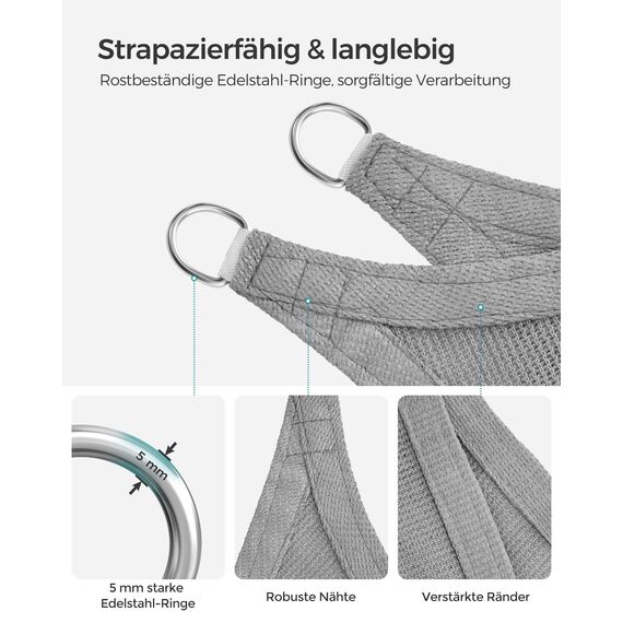 SONGMICS Sonnensegel 3 x 4 m, Sonnenschutz aus HDPE-Gewebe, luftdurchlässig, wasserdurchlässig, für Terrasse, Garten, Balkon, Camping, rechteckig, konkav, 2 m Seile, hellgrau GSS34QY