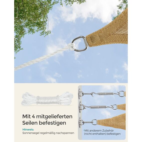 SONGMICS Sonnensegel 2 x 2 m, Sonnenschutz aus HDPE-Gewebe, luftdurchlässig, wasserdurchlässig, für Terrasse, Garten, Balkon, Camping, quadratisch, konkav, 2 m Seile, sandgelb GSS22EY