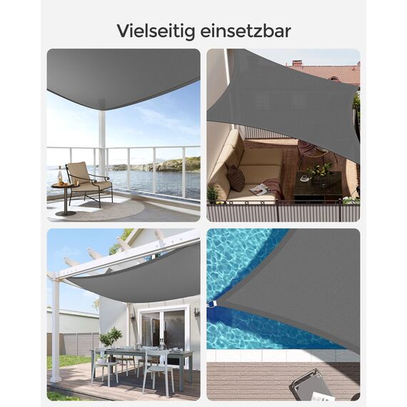 SONGMICS Sonnensegel 4 x 4 m, Sonnenschutz aus HDPE-Gewebe, luftdurchlässig, wasserdurchlässig, für Terrasse, Garten, Balkon, Camping, quadratisch, konkav, 2 m Seile, rauchgrau GSS44GY