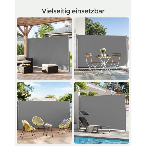 SONGMICS Alu-Seitenmarkise, ausziehbar, 180 x 350 cm, Blickdicht, Sonnenschutz, blickdicht, Seitenrollo, für Balkon, Terrasse, Garten, grau GSA185G01