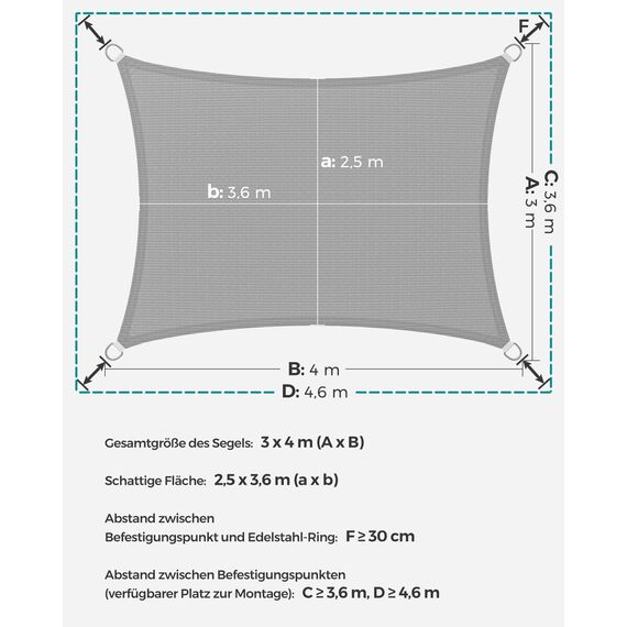 SONGMICS Sonnensegel 3 x 4 m, Sonnenschutz aus HDPE-Gewebe, luftdurchlässig, wasserdurchlässig, für Terrasse, Garten, Balkon, Camping, rechteckig, konkav, 2 m Seile, hellgrau GSS34QY