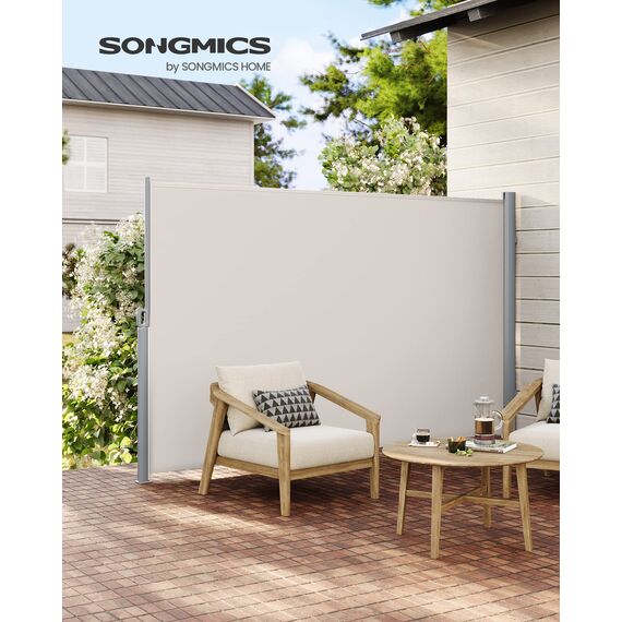 SONGMICS Alu-Seitenmarkise, ausziehbar, 200 x 300 cm, Sichtschutz, Sonnenschutz, blickdicht, Seitenrollo, für Balkon, Terrasse, Garten, beige GSA200E