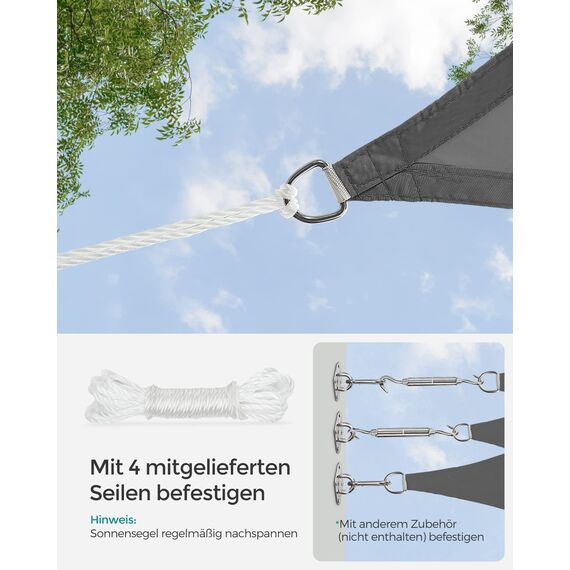 SONGMICS Sonnensegel 3 x 5 m, wasserfest mit einer Wassersäule von 665 mm, Sonnenschutz aus reißfestem Polyester, UV-Schutz 93%, Terrasse, Garten, Balkon, rechteckig, 2 m Seile, rauchgrau GSH35GY