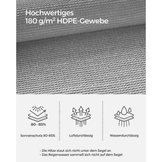 SONGMICS Sonnensegel 3 x 4 m, Sonnenschutz aus HDPE-Gewebe, luftdurchlässig, wasserdurchlässig, für Terrasse, Garten, Balkon, Camping, rechteckig, konkav, 2 m Seile, hellgrau GSS34QY