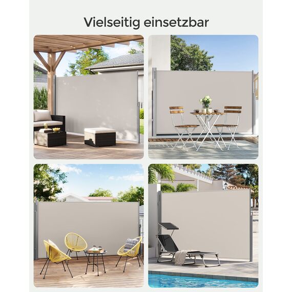 SONGMICS Alu-Seitenmarkise, ausziehbar, 180 x 300 cm, Blickdicht, Sonnenschutz, blickdicht, Seitenrollo, für Balkon, Terrasse, Garten, beige GSA180E