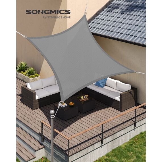 SONGMICS Sonnensegel 3 x 3 m, Sonnenschutz aus HDPE-Gewebe, luftdurchlässig, wasserdurchlässig, für Terrasse, Garten, Balkon, Camping, quadratisch, konkav, 2 m Seile, hellgrau GSS33QY