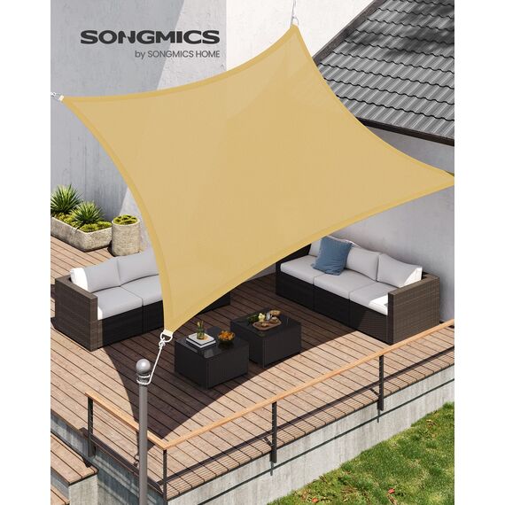 SONGMICS 3 x 5 m Sonnensegel aus HDPE, Sonnenschutz, UV-Schutz, luftdurchlässig, für Garten, Balkon, Terrasse, atmungsaktiv, wasserdurchlässig, Sandgelb GSS35EYV1