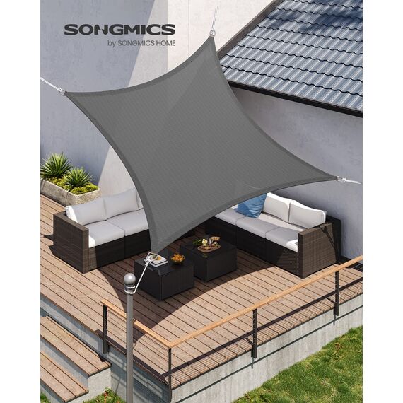 SONGMICS Sonnensegel 3 x 3 m, Sonnenschutz aus HDPE-Gewebe, luftdurchlässig, wasserdurchlässig, für Terrasse, Garten, Balkon, Camping, quadratisch, konkav, 2 m Seile, rauchgrau GSS33GY
