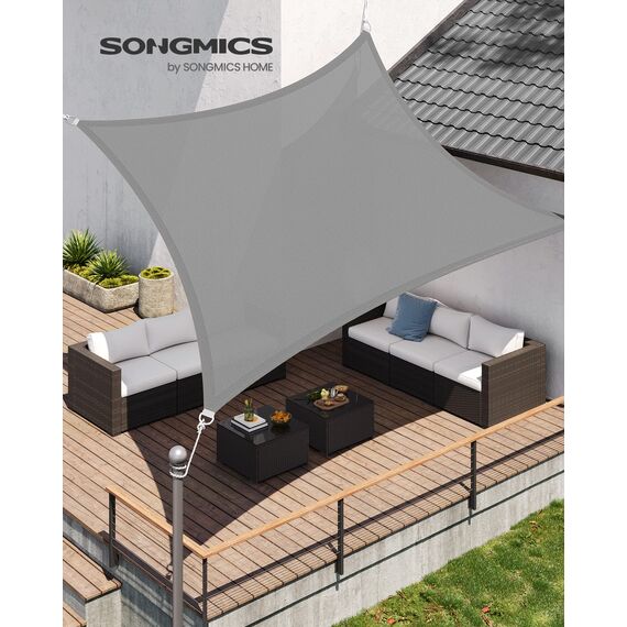SONGMICS Sonnensegel 3 x 4 m, Sonnenschutz aus HDPE-Gewebe, luftdurchlässig, wasserdurchlässig, für Terrasse, Garten, Balkon, Camping, rechteckig, konkav, 2 m Seile, hellgrau GSS34QY