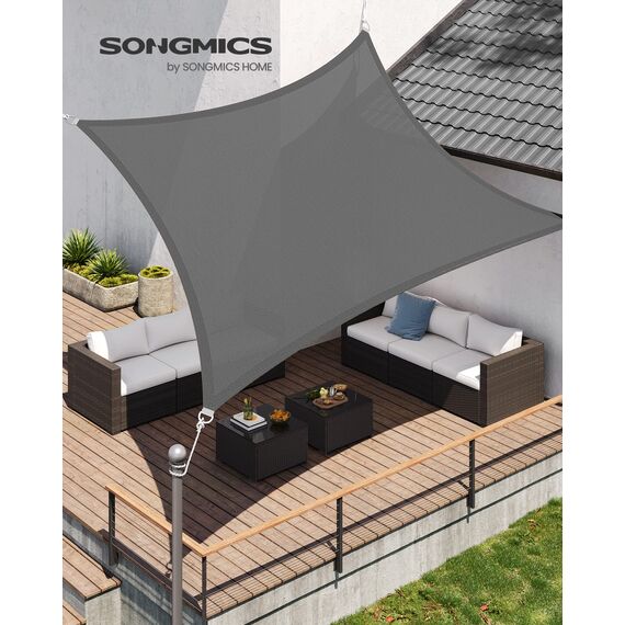 SONGMICS Sonnensegel 3 x 5 m, Sonnenschutz aus HDPE-Gewebe, luftdurchlässig, wasserdurchlässig, für Terrasse, Garten, Balkon, Camping, rechteckig, konkav, 2 m Seile, rauchgrau GSS35GY