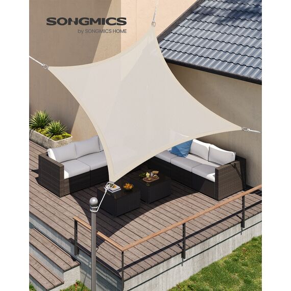 SONGMICS Sonnensegel 5 x 5 m, Sonnenschutz aus HDPE-Gewebe, luftdurchlässig, wasserdurchlässig, für Terrasse, Garten, Balkon, Camping, quadratisch, konkav, 2 m Seile, beige GSS55IV