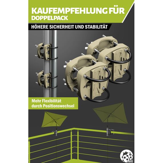 Menz Sonnenschirmhalter Balkongeländer in Sandbraun - flexibel montierbare Schirmhalterung Balkongeländer, Solide Schirmhalterung als kompakter Sonnenschirmständer Balkon