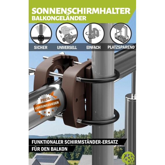 Menz Sonnenschirmhalter Balkongeländer in Taupe - flexibel montierbare Schirmhalterung Balkongeländer, Solide Schirmhalterung als kompakter Sonnenschirmständer Balkon