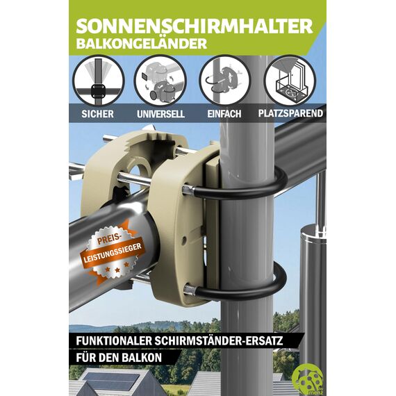 Menz Sonnenschirmhalter Balkongeländer in Sandbraun - flexibel montierbare Schirmhalterung Balkongeländer, Solide Schirmhalterung als kompakter Sonnenschirmständer Balkon