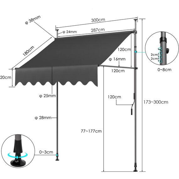 LIFERUN Klemmmarkise ohne Bohren | mit Handkurbel Balkon Balkonmarkise | Markise UV-beständig Wasserdicht Höhenverstellbar | Sonnenschutz für Balkon Terrasse Garten Terrassenüberdachung (Grau 300cm)