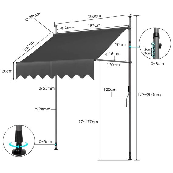 LIFERUN Klemmmarkise ohne Bohren | mit Handkurbel Balkon Balkonmarkise | Markise UV-beständig Wasserdicht Höhenverstellbar | Sonnenschutz für Balkon Terrasse Garten Terrassenüberdachung (Grau 200cm)
