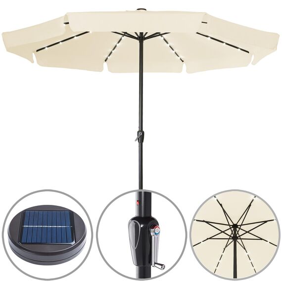 Kingsleeve® Sonnenschirm LED Beleuchtung UV Schutz 80+ Solar Schutzhülle 330cm Groß Kurbel Volant Balkon Terrasse Gartenschirm Marktschirm Creme