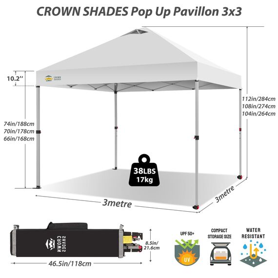 Faltpavillon 3X3, Pavillon Wasserdicht Stabil Winterfest, Pop up Gartenpavillon UV Schutz 50+, Partyzelt Für Outdoor Camping, 3-Fach Höhenverstellbar, Pavillion mit Tragetasche