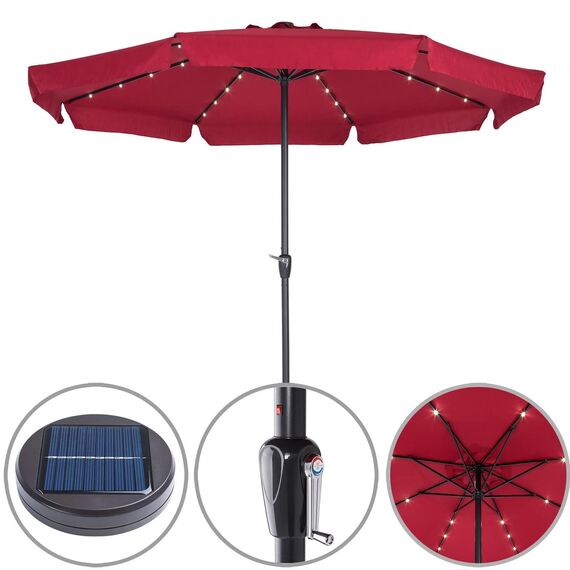 Kingsleeve® Sonnenschirm LED Beleuchtung UV Schutz 80+ Solar Schutzhülle 330cm Groß Kurbel Volant Balkon Terrasse Gartenschirm Marktschirm Rot