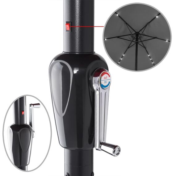 Kingsleeve® Sonnenschirm LED Beleuchtung UV Schutz 80+ Solar Schutzhülle 330cm Groß Kurbel Volant Balkon Terrasse Gartenschirm Marktschirm Anthrazit