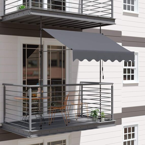 LIFERUN Klemmmarkise ohne Bohren | mit Handkurbel Balkon Balkonmarkise | Markise UV-beständig Wasserdicht Höhenverstellbar | Sonnenschutz für Balkon Terrasse Garten Terrassenüberdachung (Grau 250cm)