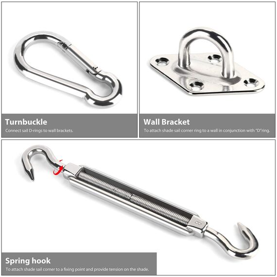 Sekey Sonnensegel Befestigungs Kit Zubehör Montage 8 Zoll, zur Befestigung von rechteckigen und quadratischen Sonnensegel, Karabiner Montageset aus Edelstahl, 40-teilig