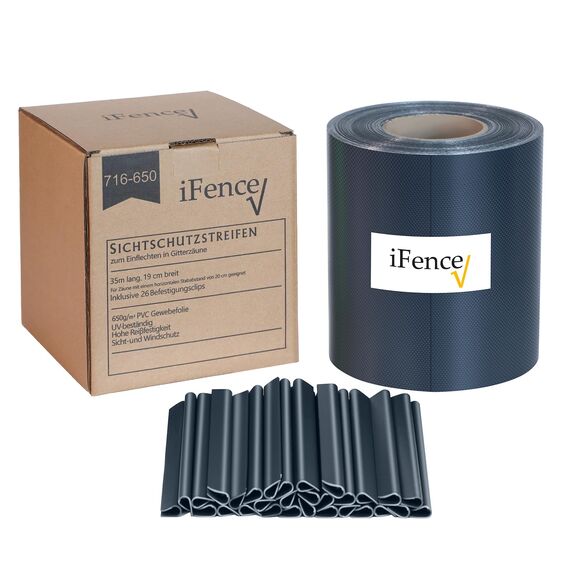 iFence PVC Sichtschutzstreifen für Doppelstabmattenzaun, 650g/m² 35 m x 19 cm inkl. 24 Clips/Klemmstreifen, Sichtschutz Zaun, Sichtschutz Garten Zaunfolie (Anthrazit)