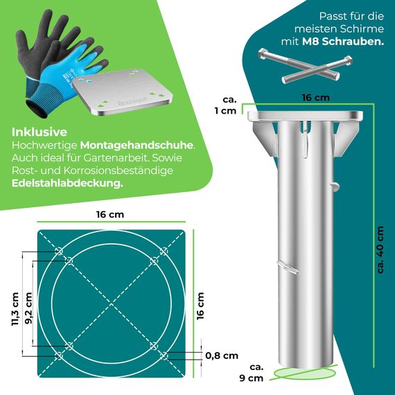 KESSER® Metall Universal-Bodenplatte | Sonnenschirmständer für Sonnenschirm & Ampelschirm | Bodenhülse für Kurbelschirm | Sonnenschirm-Schirm-Ständer | Bodenanker inklusive Handschuhe | Silber