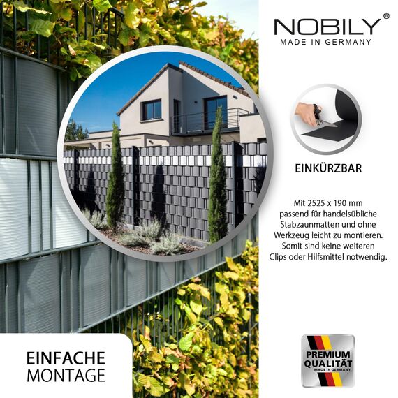 Premium Zaunsichtschutz HART-PVC / 1 x Streifen 2,525 m/Höhe 19 cm Fenstergrau - Zaun Sichtschutzstreifen Fachhandelsware für Doppelstabmattenzaun Zaun Sichtschutz grau - keine Folie