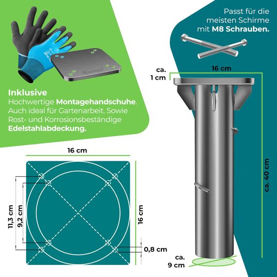 KESSER® Metall Universal-Bodenplatte | Sonnenschirmständer für Sonnenschirm & Ampelschirm | Bodenhülse für Kurbelschirm | Sonnenschirm-Schirm-Ständer | Bodenanker inklusive Handschuhe | Anthrazit