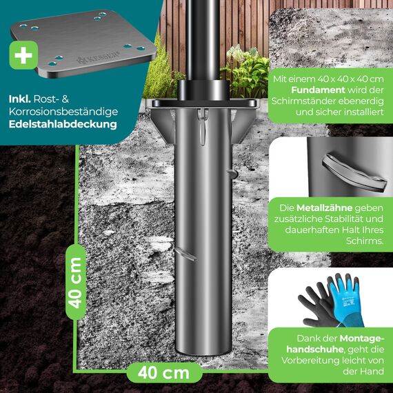 KESSER® Metall Universal-Bodenplatte | Sonnenschirmständer für Sonnenschirm & Ampelschirm | Bodenhülse für Kurbelschirm | Sonnenschirm-Schirm-Ständer | Bodenanker inklusive Handschuhe | Anthrazit