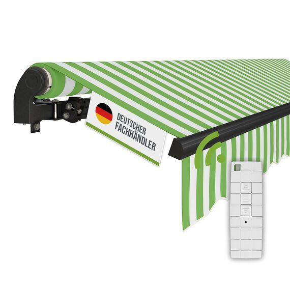 empasa Elektrische Gelenkarmmarkise 'Start Plus' Markise Sonnenmarkise Sonnenschutz, komplett vormontiert, Verschiedene Größen und Farben, Farbe:grün/weiß, Größe:350 x 250