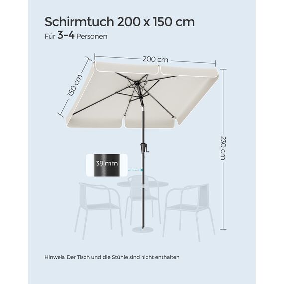 SONGMICS Sonnenschirm 200 x 150 cm, rechteckiger Balkonschirm, Sonnenschutz UPF 50+, beidseitig um 30° knickbar, für Garten, Terrasse, ohne Ständer, beige GPU048M01