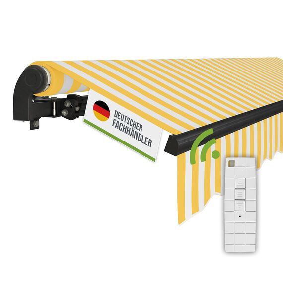 empasa Elektrische Gelenkarmmarkise 'Start Plus' Markise Sonnenmarkise Sonnenschutz, komplett vormontiert, Verschiedene Größen und Farben, Farbe:gelb/weiß gestreift, Größe:250 x 200