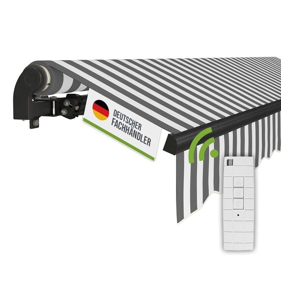 empasa Elektrische Gelenkarmmarkise 'Start Plus' Markise Sonnenmarkise Sonnenschutz, komplett vormontiert, Verschiedene Größen und Farben, Farbe:weiß/anthrazit gestreift, Größe:250 x 200