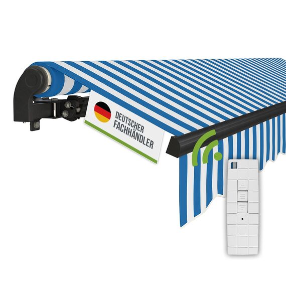 empasa Elektrische Gelenkarmmarkise 'Start Plus' Markise Sonnenmarkise Sonnenschutz, komplett vormontiert, Verschiedene Größen und Farben, Farbe:blau/weiß gestreift, Größe:400 x 250