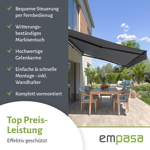 empasa Elektrische Gelenkarmmarkise 'Start Plus' Markise Sonnenmarkise Sonnenschutz, komplett vormontiert, Verschiedene Größen und Farben, Farbe:gelb/weiß gestreift, Größe:300 x 250