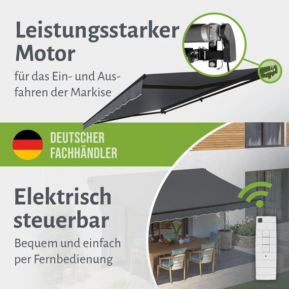empasa Elektrische Gelenkarmmarkise 'Start Plus' Markise Sonnenmarkise Sonnenschutz, komplett vormontiert, Verschiedene Größen und Farben, Farbe:blau/weiß gestreift, Größe:300 x 250