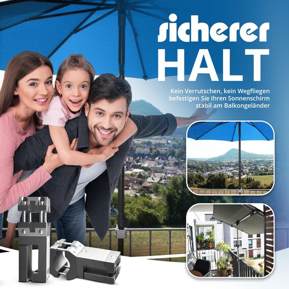 KD-TECH Stabiler Sonnenschirmhalter - Sonnenschirmständer für Balkon eckige Geländer - sichere Sonnenschirmbefestigung ohne Bohren
