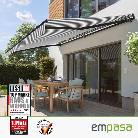 empasa manuelle Gelenkarmmarkise Markise Start Sonnenmarkise Sonnenschutz Alu/Polyester komplett vormontiert, in verschiedenen Größen und Farben, Farbe:weiß/anthrazit gestreift, Größe:300 x 250