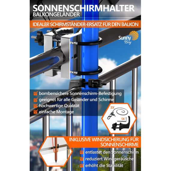 4smile Sonnenschirmhalter Balkongeländer SunnyEasy + Windsicherung für Schirme - Edelstahl Sonnenschirm Halterung Balkon - Schirmhalterung Balkongeländer