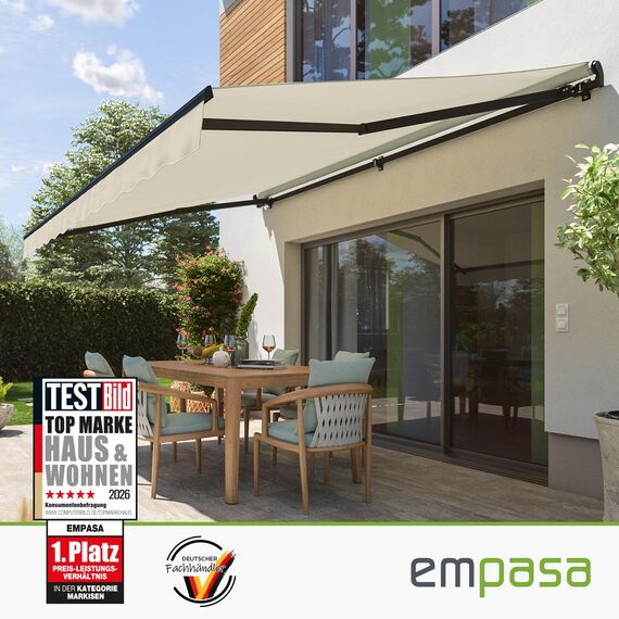 empasa manuelle Gelenkarmmarkise Markise Start Sonnenmarkise Sonnenschutz Alu/Polyester komplett vormontiert, in verschiedenen Größen und Farben, Farbe:Elfenbein, Größe:300 x 250