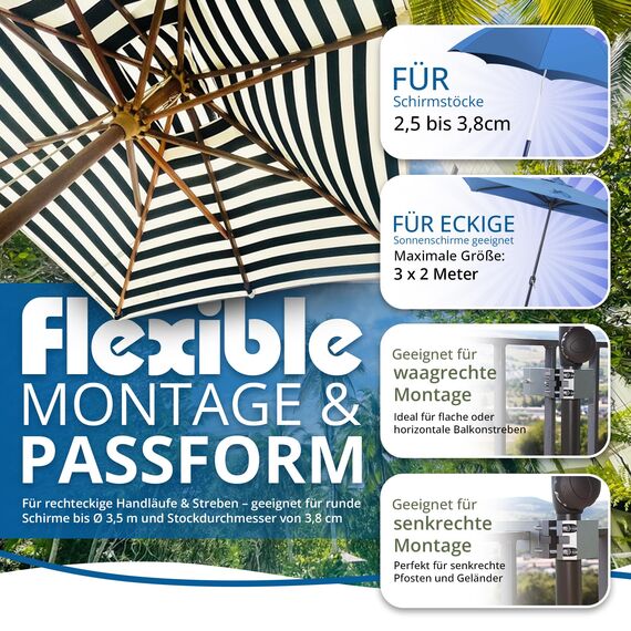 KD-TECH Stabiler Sonnenschirmhalter - Sonnenschirmständer für Balkon eckige Geländer - sichere Sonnenschirmbefestigung ohne Bohren