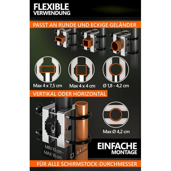 4smile Sonnenschirmhalter aus Metall, Sonnenschirm Balkon Halterung Edelstahl flexibel balkonklammer