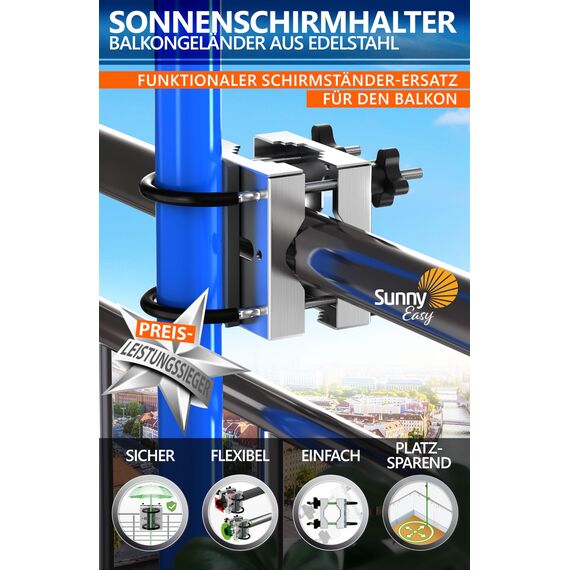 4smile Sonnenschirmhalter aus Metall, Sonnenschirm Balkon Halterung Edelstahl flexibel balkonklammer