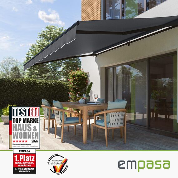 empasa Elektrische Gelenkarmmarkise 'Start Plus' Markise Sonnenmarkise Sonnenschutz, komplett vormontiert, Verschiedene Größen und Farben, Farbe:gelb/weiß gestreift, Größe:400 x 250