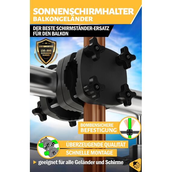 Menz Sonnenschirmhalter Balkongeländer - Bombensichere Schirmhalterung Balkongeländer als kompakter Sonnenschirmständer Balkon, absolut universelle Sonnenschirm Halterung Balkon in Schwarz